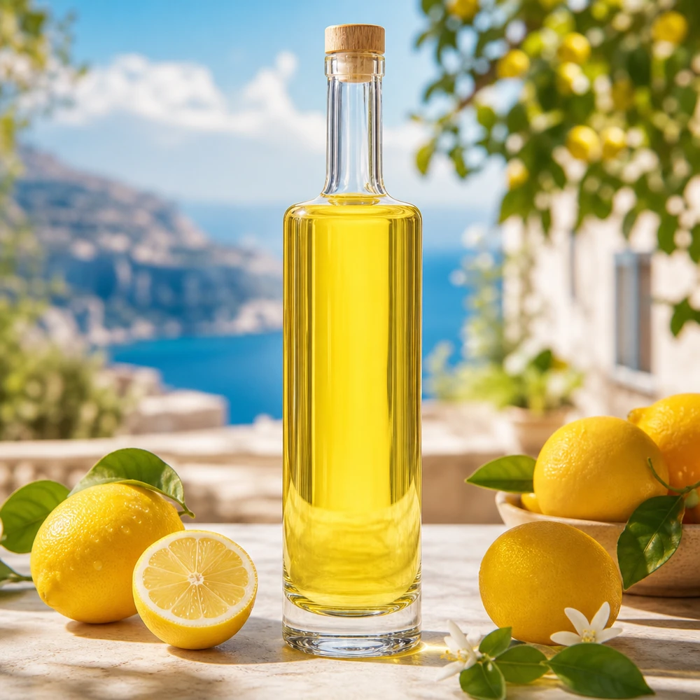 500 ml glazen fles Lina met houten handgreep UNiTWIST® 500ml glazen fles Lina met houten kurk gevuld met gele limoncello tussen verse citroenen Mediterraan landschap