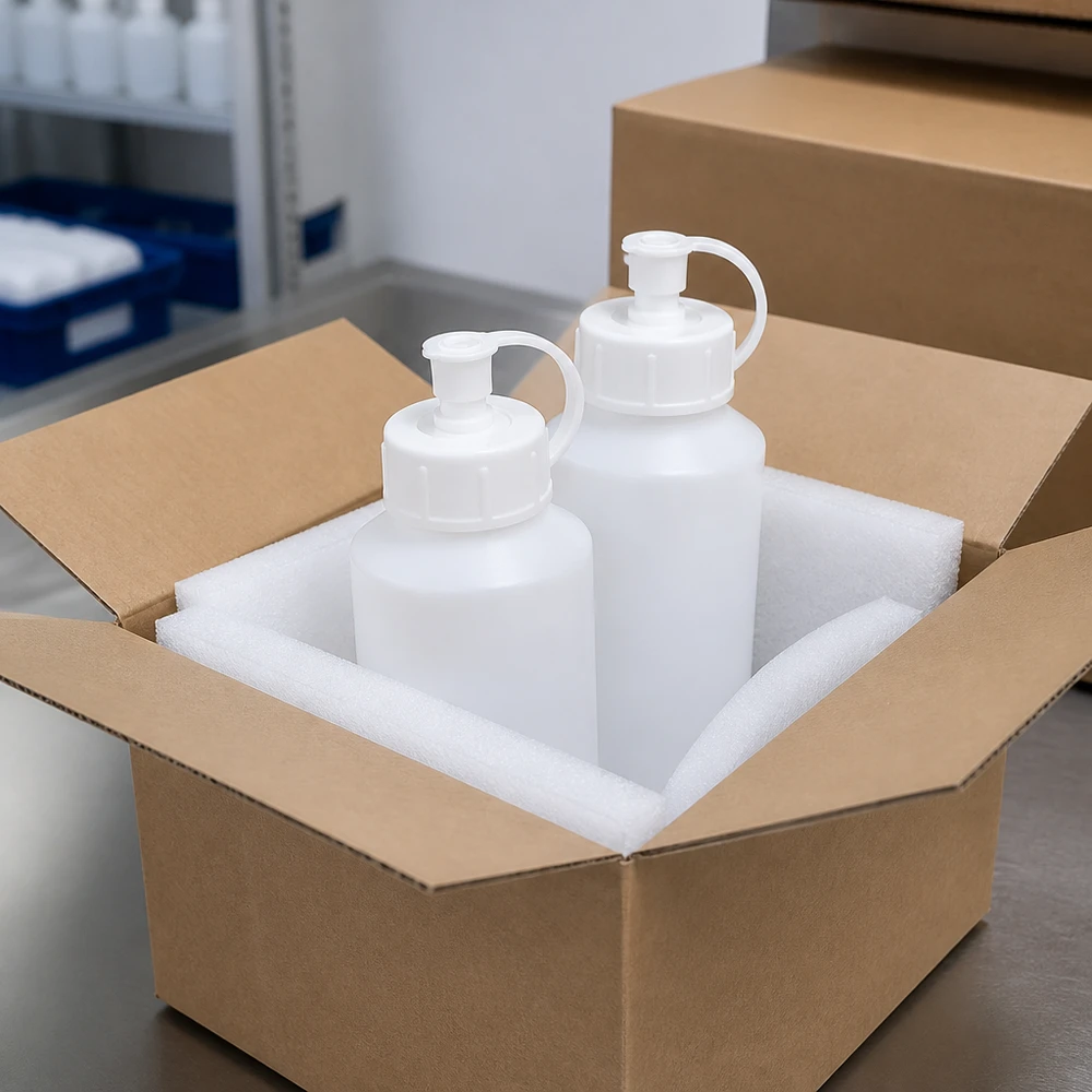 Witte apotheekflesjes in verschillende maten, voorzien van een spuitdop, verpakt in een schuimrubberen inleg