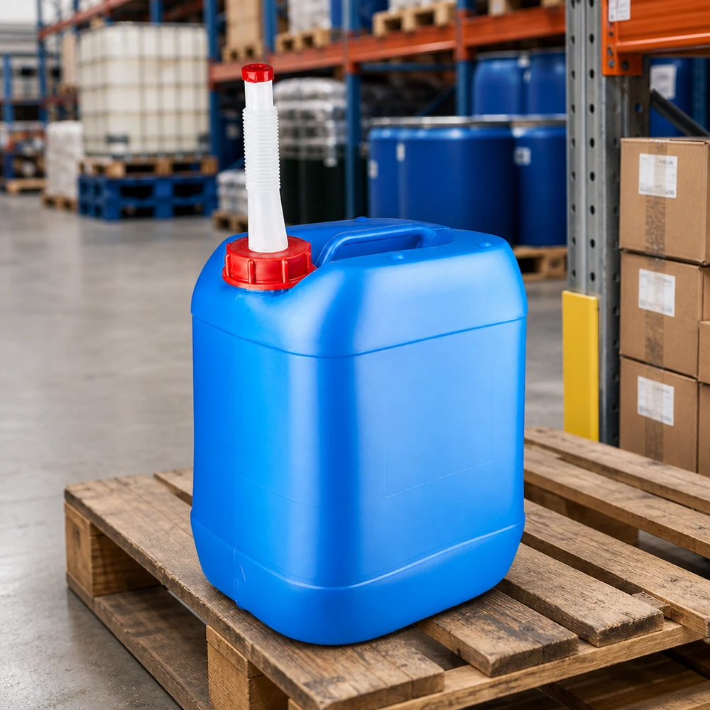 Transportkanister van 20 liter, blauw, met handvat en witte flexibele uitloopbuis voor vloeistoffen