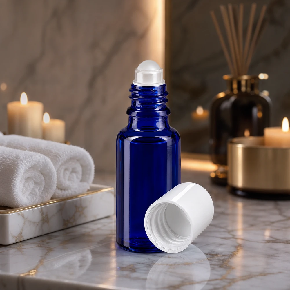 Geopende kobaltblauwe glazen roll-on-fles van 20 ml met een doorzichtige bol op een marmeren ondergrond