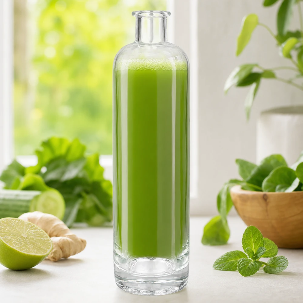 500 ml glazen fles Ella zonder sluiting UNiTWIST® 500ml Glasflasche Ella UNiTWIST mit grünem Smoothie gefüllt zwischen frischen Kräutern Ingwer und Limette Wellness-Ambie