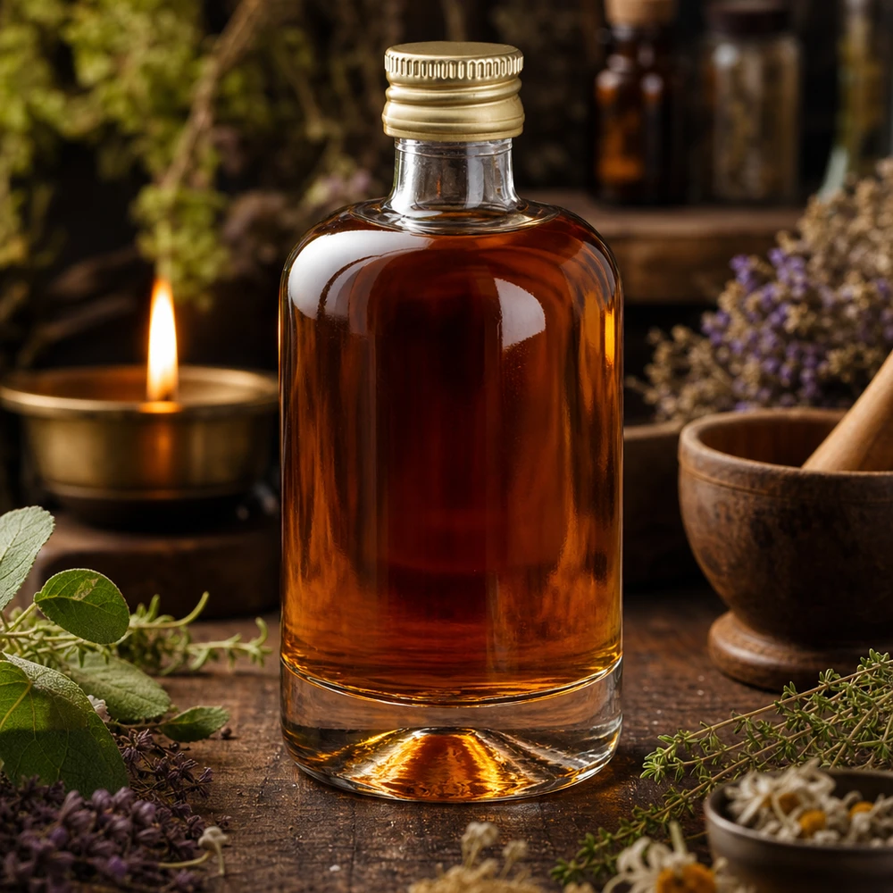 40 ml glazen fles Sara met schroefdop goud UNiTWIST® 40ml glazen fles Sara met gouden dop gevuld met bruine vloeistof in een rustieke apothekerssfeer