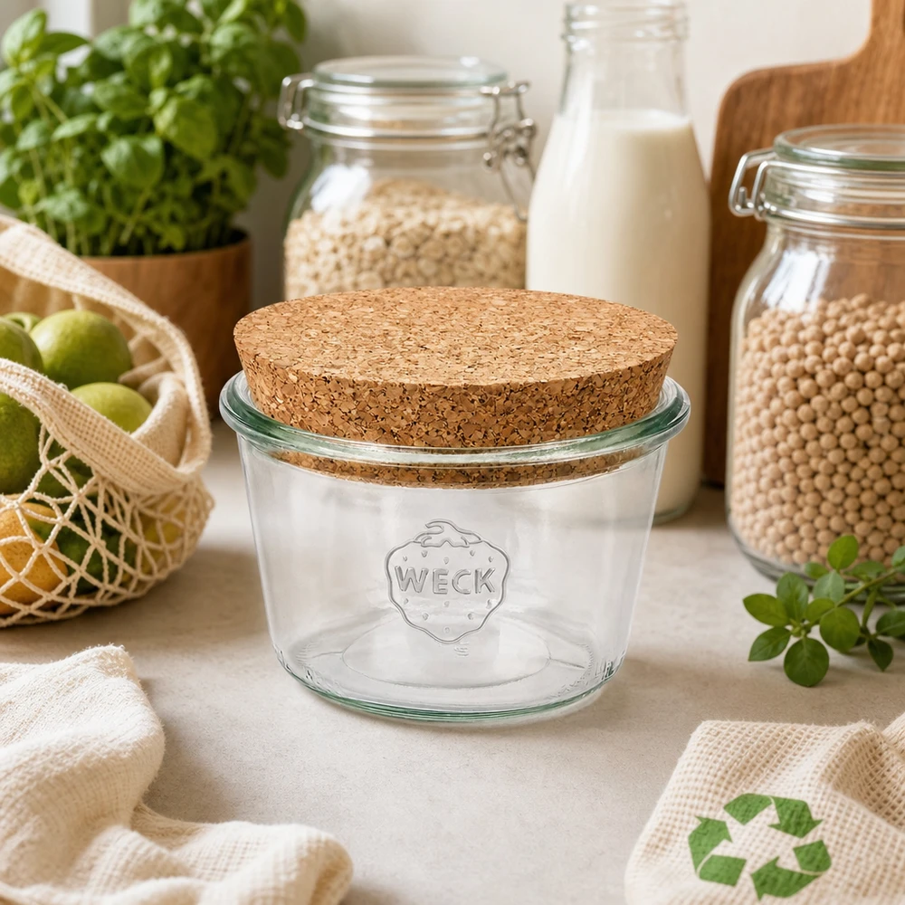 WECK RR100 370ml mason jar met kurkdeksel in duurzame zero-waste keuken met voorraadpotten en biologische producten