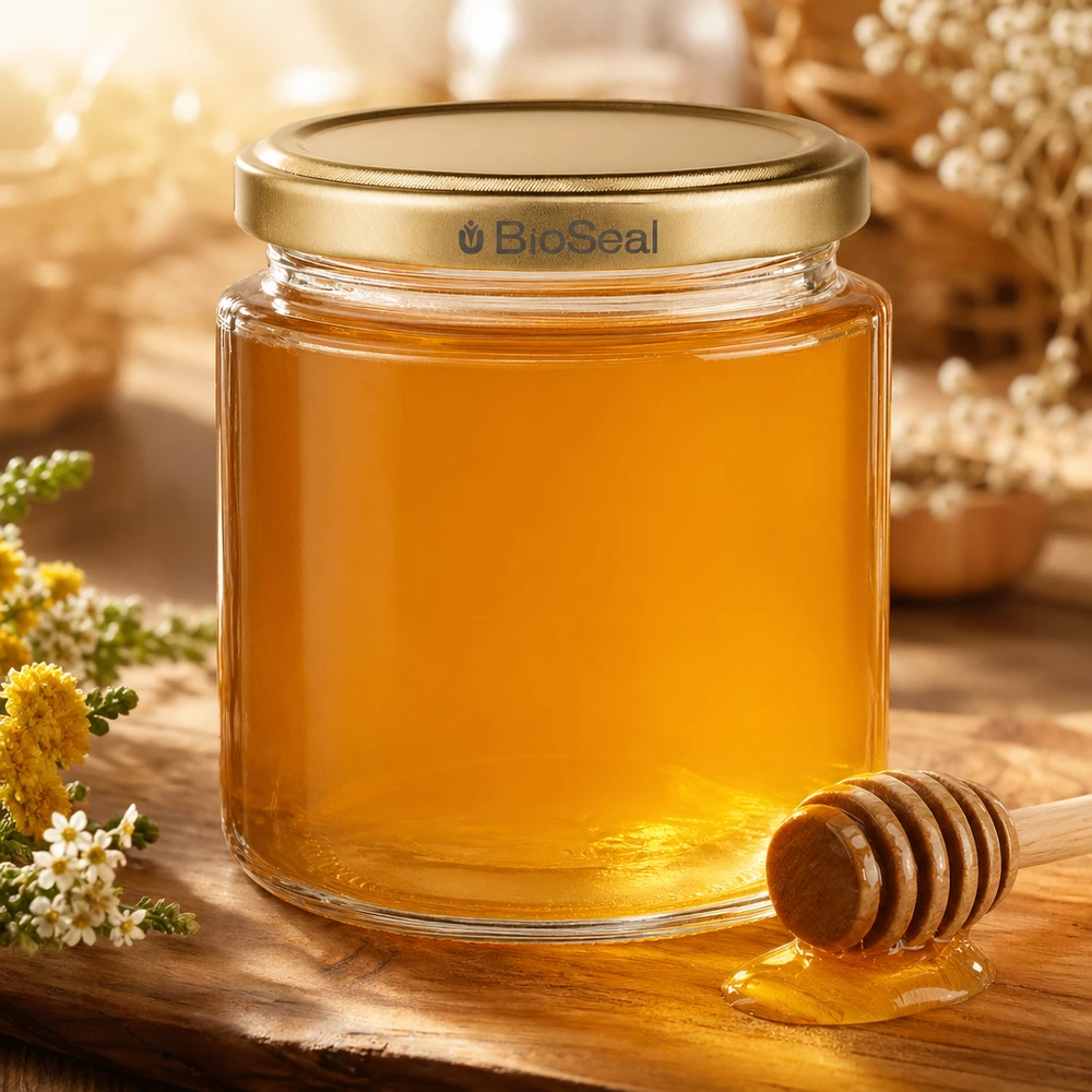 250 ml honingpot gevuld met gouden honing, BioSeal deksel en honinglepel, natuurlijke presentatie met bloemen