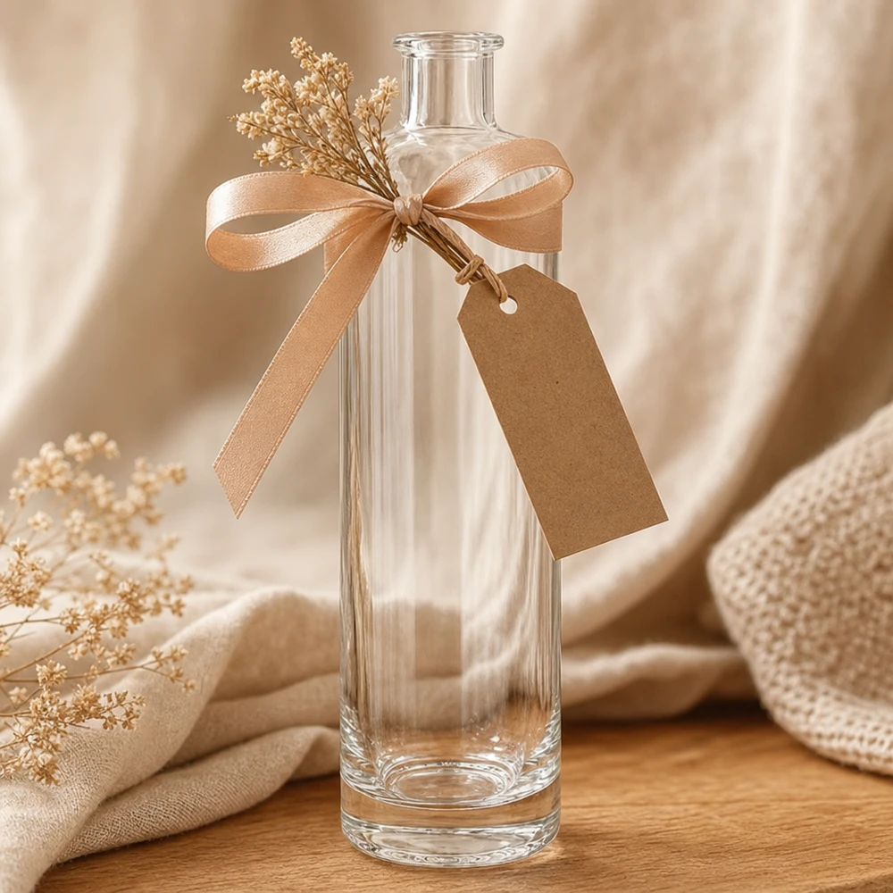 500 ml glazen fles Ella UNiTWIST als geschenk versierd met satijnen lint hanger gedroogde bloemen decoratie styling