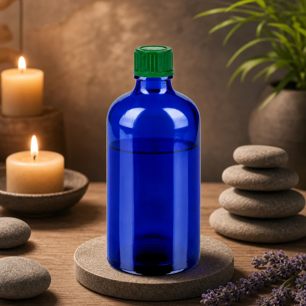 Precieze vulhoeveelheid van 100 ml in stijlvolle blauwe glazen fles met veilig sluitsysteem