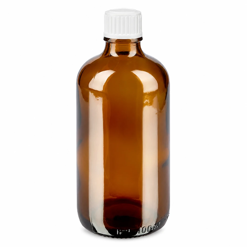 Bruine glazen fles 100ml met wit druppelsluiting 0.8mm St Lichtbeschermende druppelfles van 100 ml van bruin apothekersglas met STD witte dop van 0,9 mm