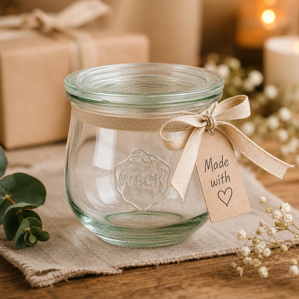 WECK tulp pot 370ml RR80 als een geschenk met beige strik en Made with Love tag in een feestelijke sfeer