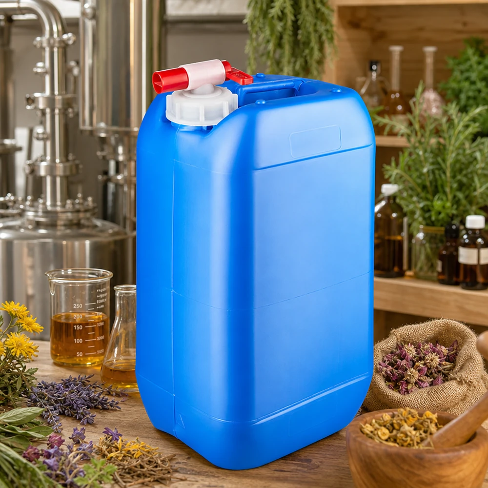 Voorraadcontainer van 15 liter, blauw met rode afvoerkraan, voor vloeistoffen in de natuurgeneeskunde