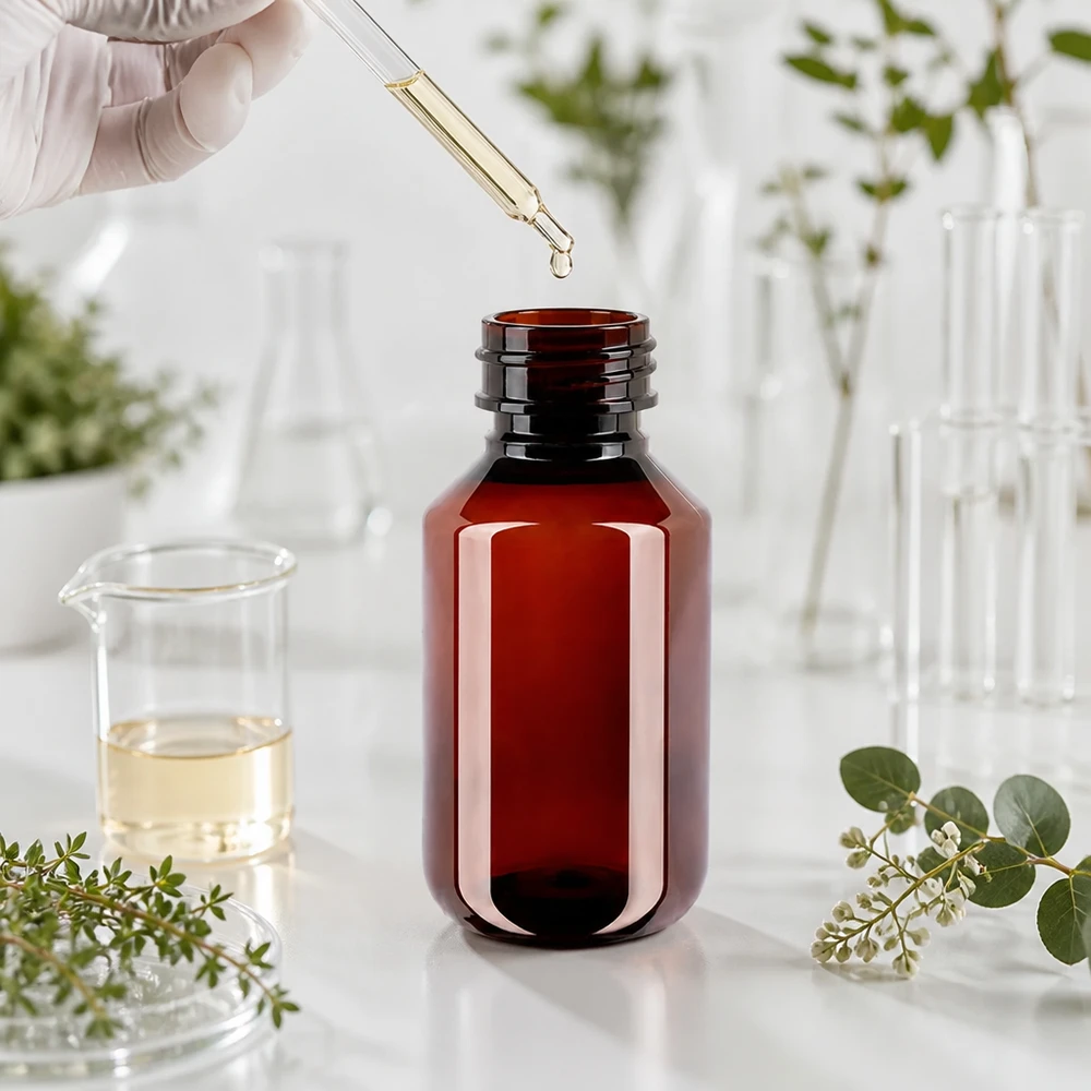 PET-fles 100ml met bruine dop Standaard Kompakte PET Rundflasche 100ml braun mit Standardgewinde für kosmetische Anwendungen