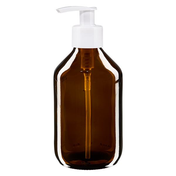 250ml Euro-medicijnfles bruin met witte dispenserpomp 250ml Euro-medicijnfles bruin met witte dispenserpomp
