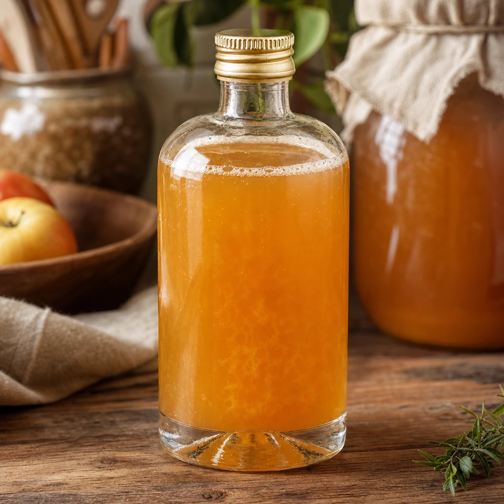 40 ml glazen fles Sara met schroefdop goud UNiTWIST® 40ml Sara glazen fles met oranjekleurige inhoud en gouden UNiTWIST dop op een rustieke houten tafel met appels