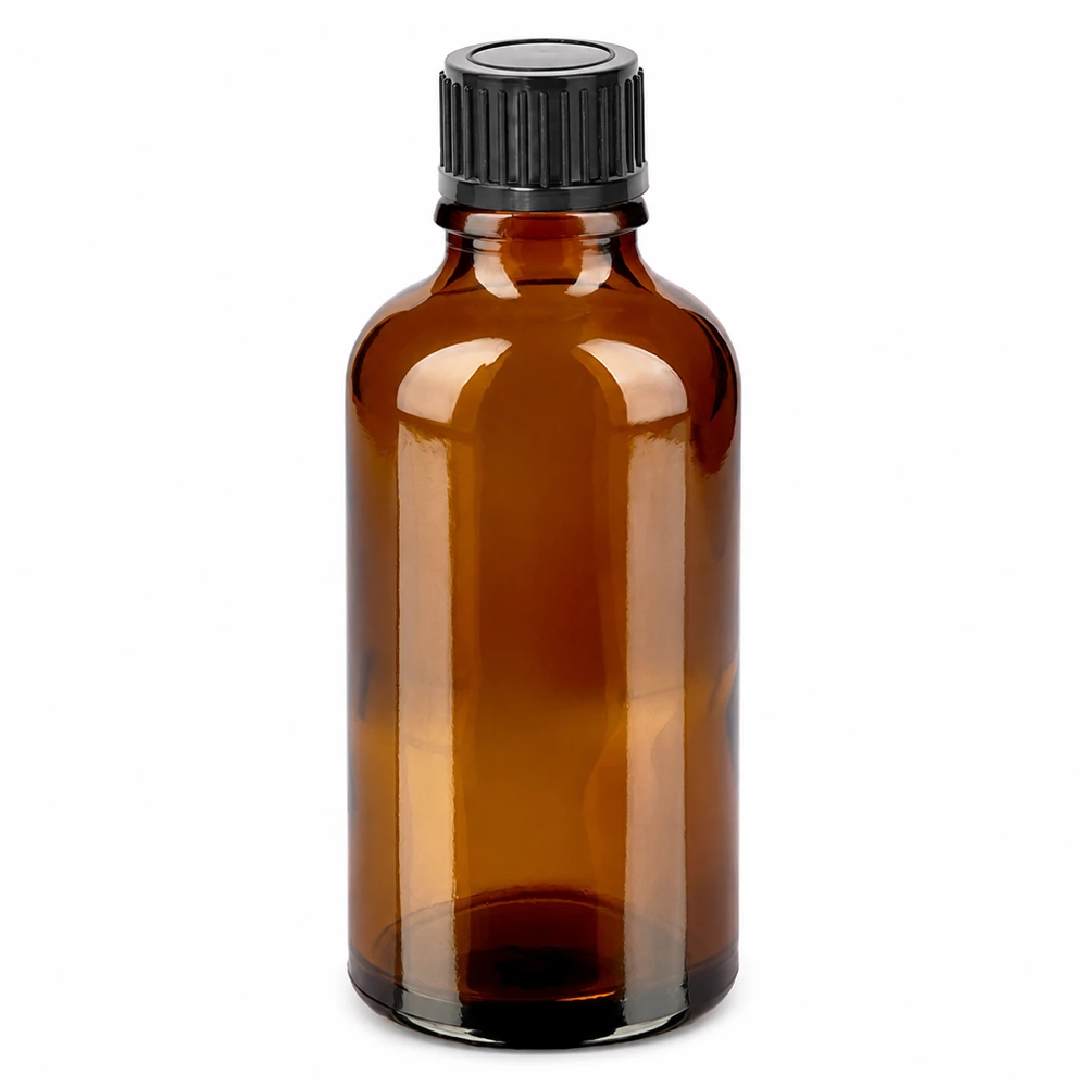 Bruin glazen flesje van 50 ml met zwarte schroefdop voor etherische oliën en cosmetica