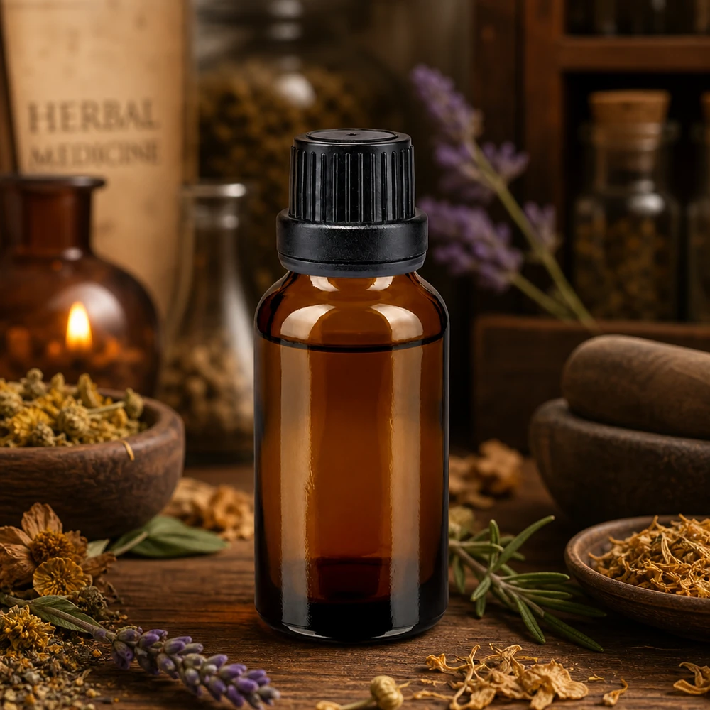 Bruine glazen fles 20ml met zwart schroefsluiting dicht. VR Lichtbestendig apothekersflesje van 20 ml, van bruin glas met zwarte dop, voor etherische oliën en tincturen