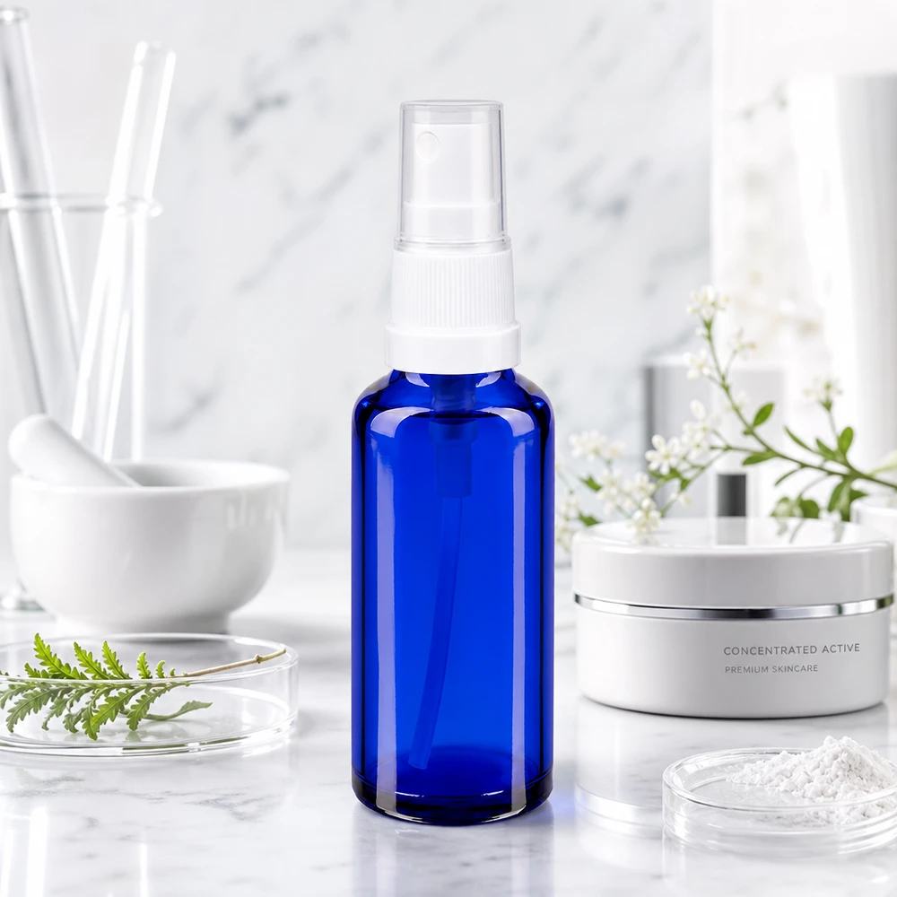 Blauwe glazen flessen 30ml met wit pompverstuiver Apothekersglas-spuitflesje van 30 ml, blauw met witte pompkop, op marmer naast een vijzel en een stamper