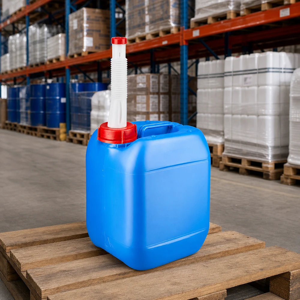 Canister 5 liter blauw met flexibele uitloop Voedselveilige kunststofkan van 5 liter, blauw, met rode veiligheidssluiting en uitloopbuis