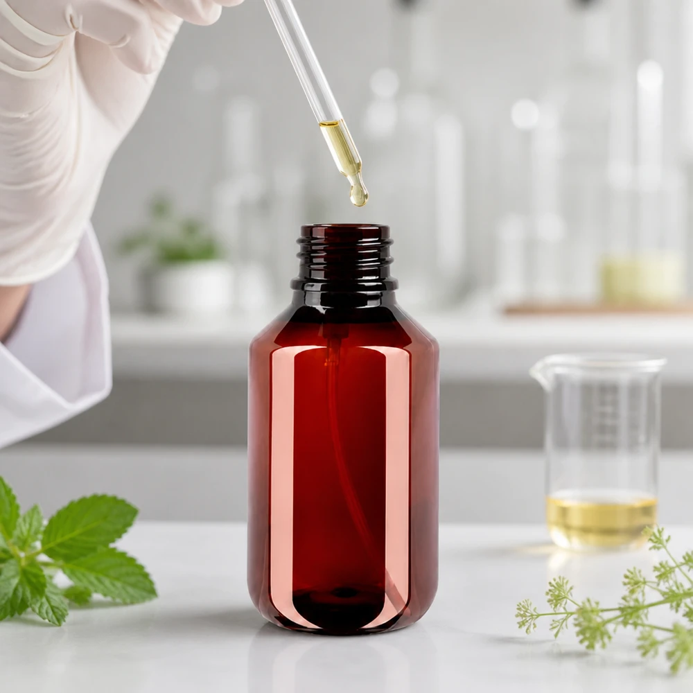 100 ml PET medicijnfles met verstuiver wit GCMI 28/410 incl. dop transparant, standaard Nachfüllbare PET Reiseflasche 100ml mit Zerstäuber für Naturkosmetik
