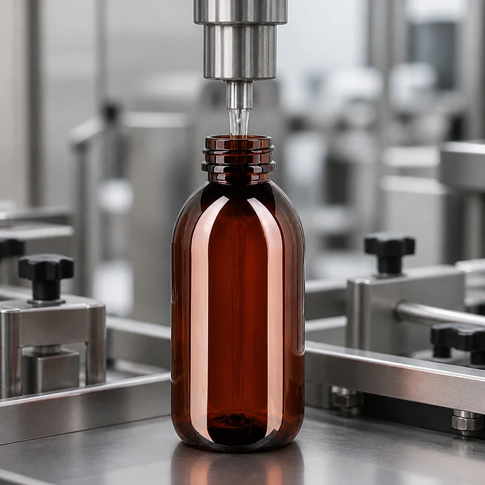 PET fles 250ml met bruine dop standaard Abfüllmaschine befüllt braune PET Rundflasche 250ml mit Standardverschluss im Reinraumverfahren