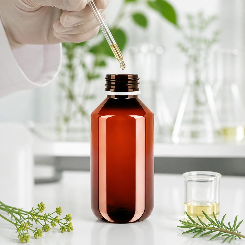 PET-fles 200ml met witte flip-top dop. Compacte apothekersfles van 200 ml, gemaakt van bruin PET met UV-bescherming, voor natuurextracten