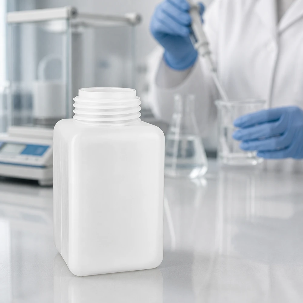 Chemicaliënfles 1000 ml, nauwe hals, incl. sluiting GL 32 Een laboratoriummedewerker pipetteert vloeistof in een bekerglas naast een 1000 ml PE-HD-chemiefles met smalle hals