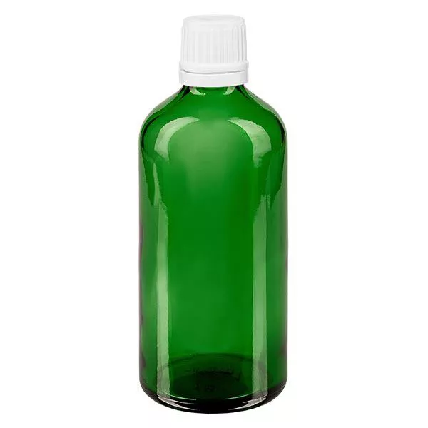 Groenen glazen flessen 100ml met wit druppelsluiting 1.2mm VR Groenen glazen flessen 100ml met wit druppelsluiting 1.2mm VR