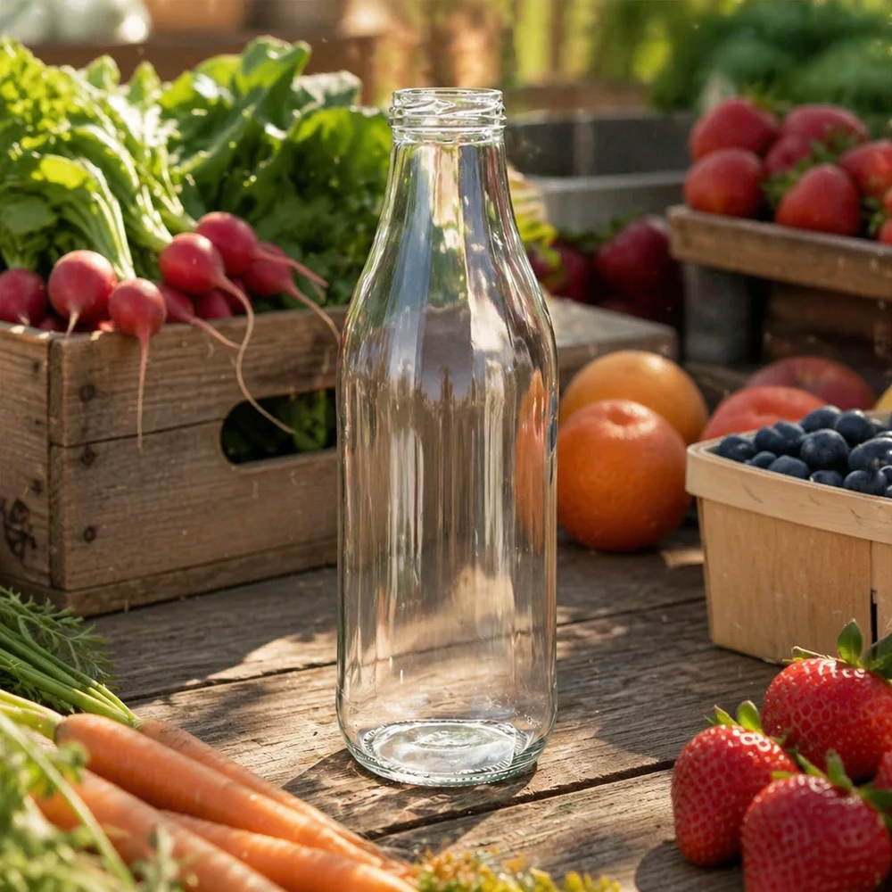 1000ml UNiTWIST glazen fles TO48 leeg op houten tafel met vers fruit en groenten Outdoor decor natuur look