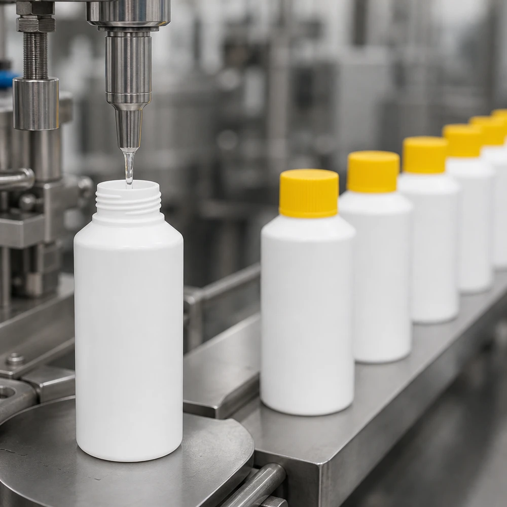 Gele schroefdop op een witte HDPE-fles van 50 ml voor een veilige farmaceutische afvulling