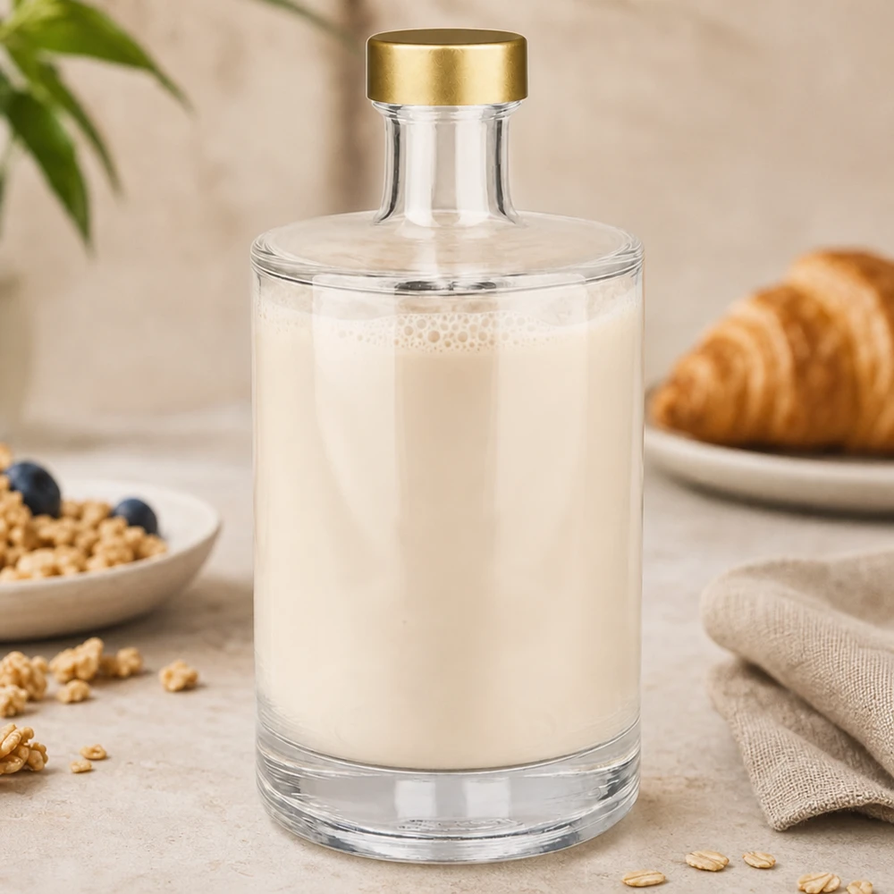 500 ml glazen fles Sam + schroefdop goud UNiTWIST® 500ml glazen fles Sam gevuld met witte melk gouden UNiTWIST dop Breakfast Ambience Croissants Noten
