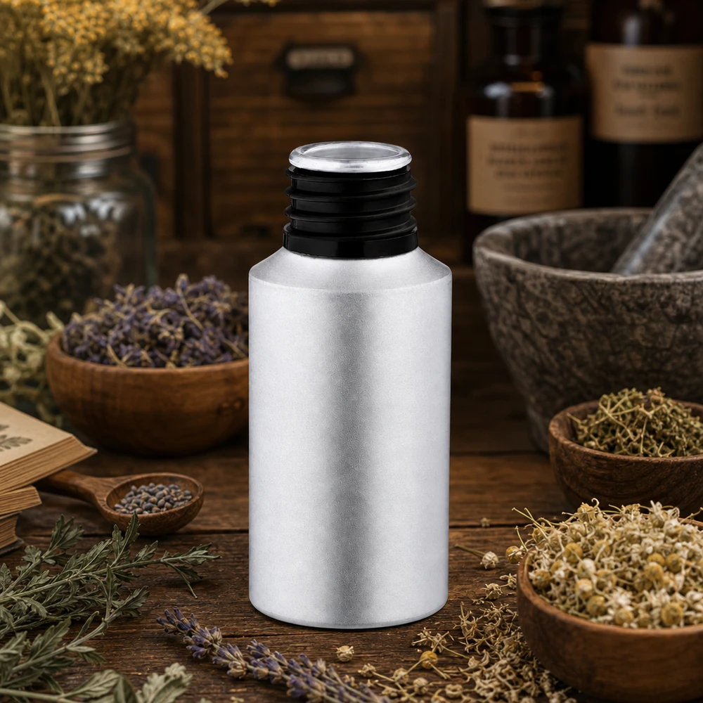 Hersluitbaar 30ml flesje van gebeitst aluminium voor het veilig bewaren van medicinale plantenextracten