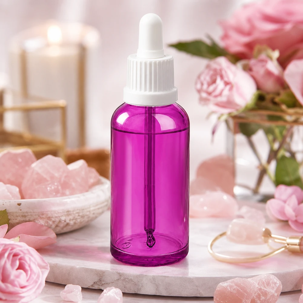 Elegant violet glazen flesje 50ml met druppelaar voor schoonheidsproducten en gezichtsverzorging