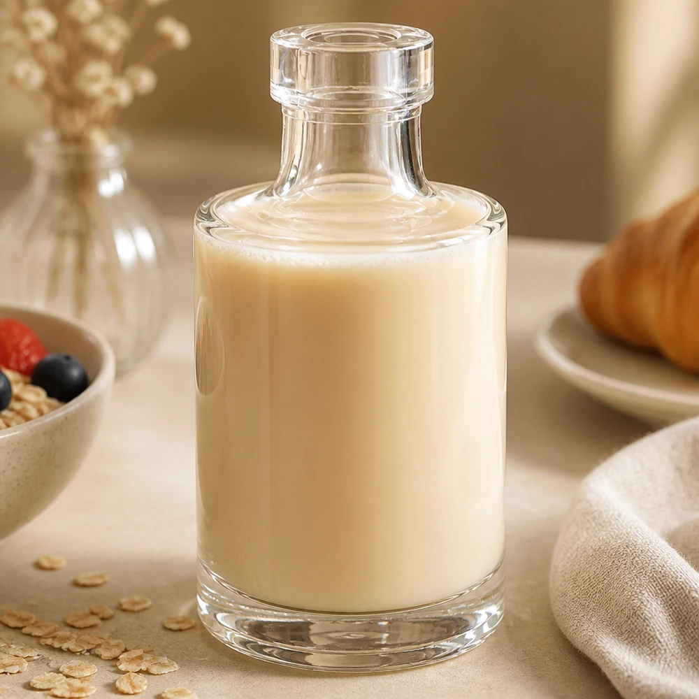 100 ml glazen fles Marie zonder sluiting UNiTWIST® 100ml Marie glazen fles met romige inhoud in een stijlvol keukensetting met muesli en havervlokken als decoratie