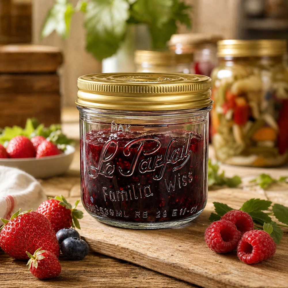 Familia Wiss 539ml mason jar met gouden schroefdeksel op houten plank met aardbeien, frambozen en jam
