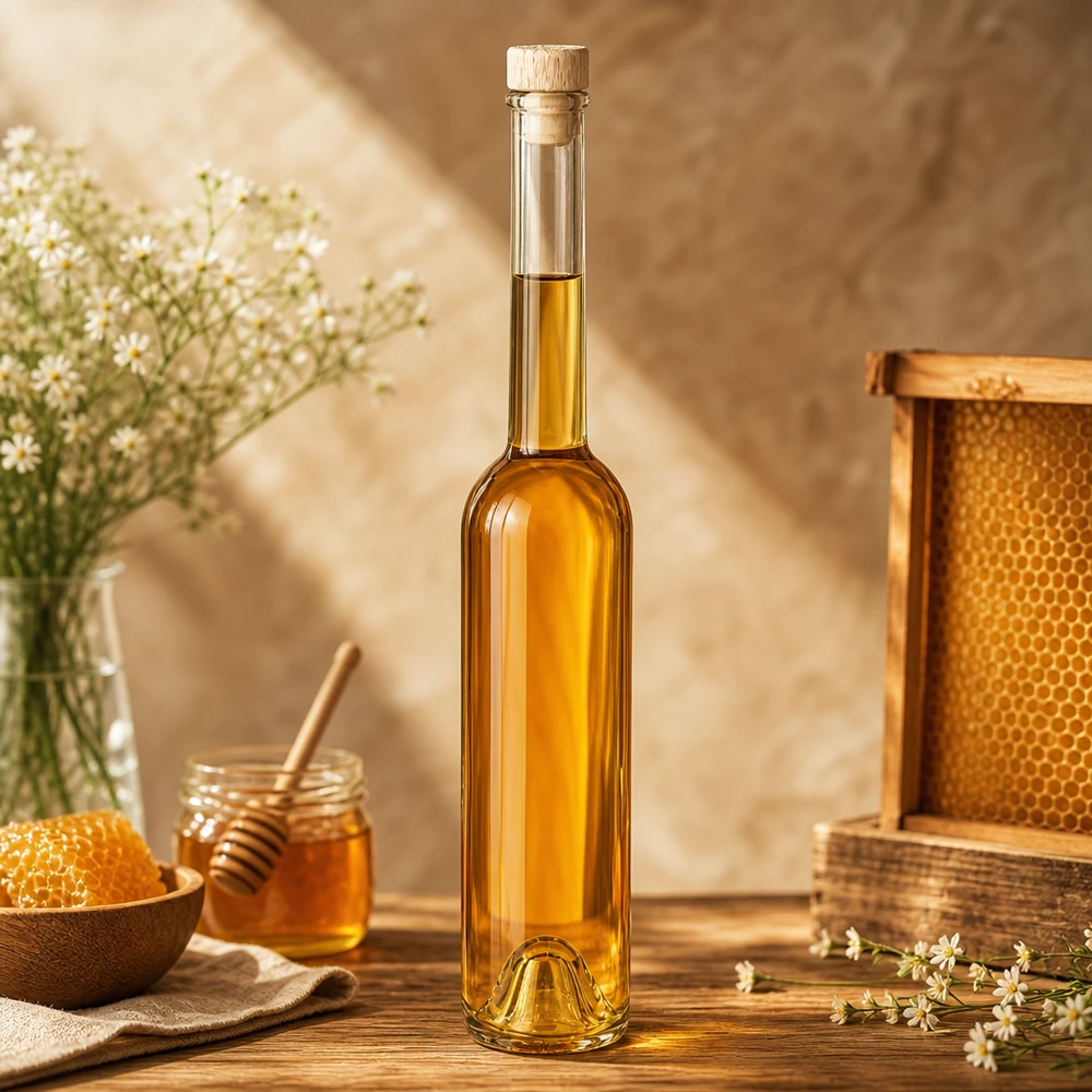 100 ml glazen fles Hugo met houten handgreepkurk UNiTWIST® 100 ml Hugo glazen fles gevuld met honing in een rustieke decoratieve scène met honingraat en witte bloemen