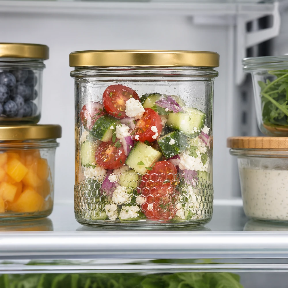 400ml honingpot met BasicSeal deksel goud UNiTWIST als saladepot in de koelkast gevuld met Griekse salade