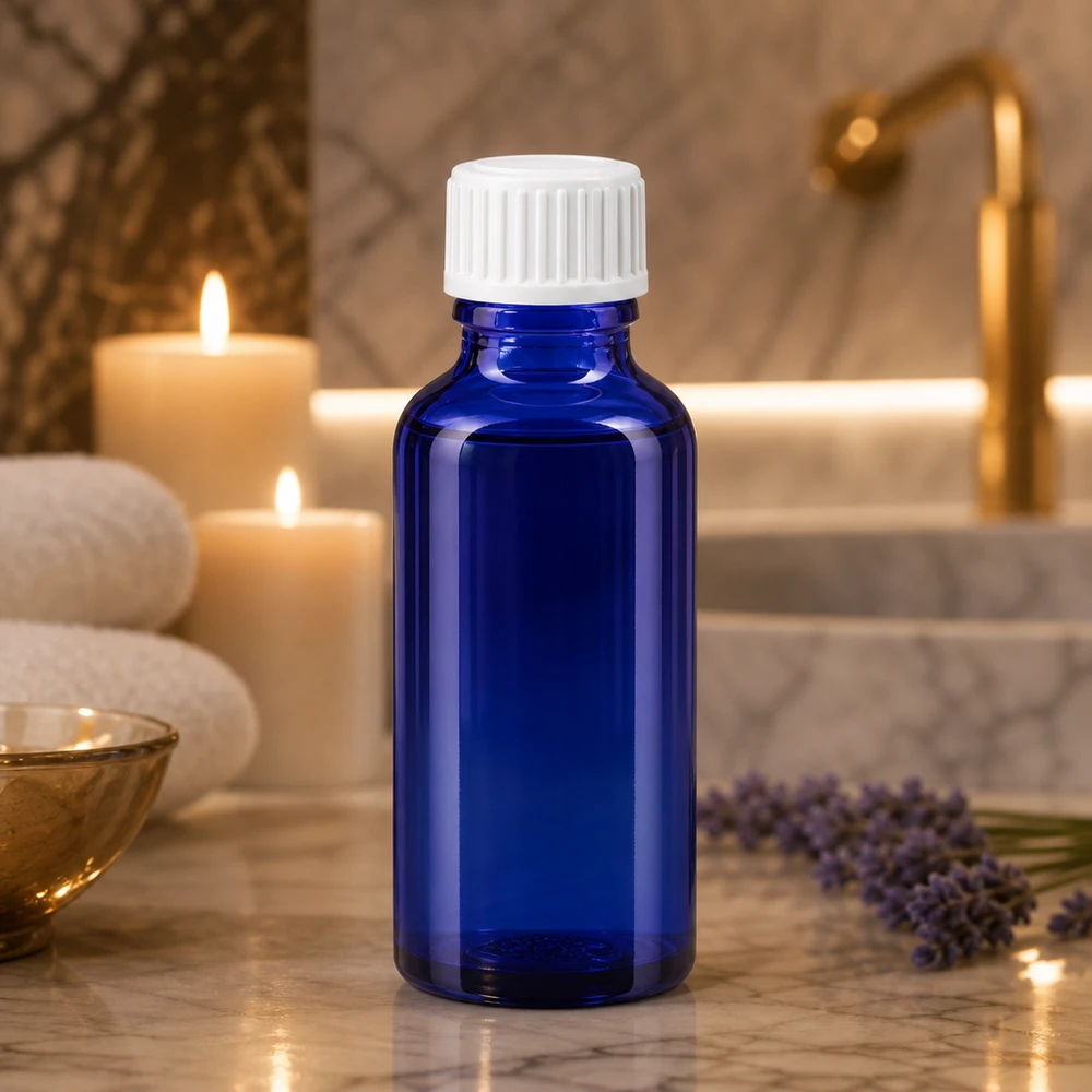 UV-bestendige blauwe druppelfles van 30 ml, gemaakt van apothekersglas, met een witte verzegeling