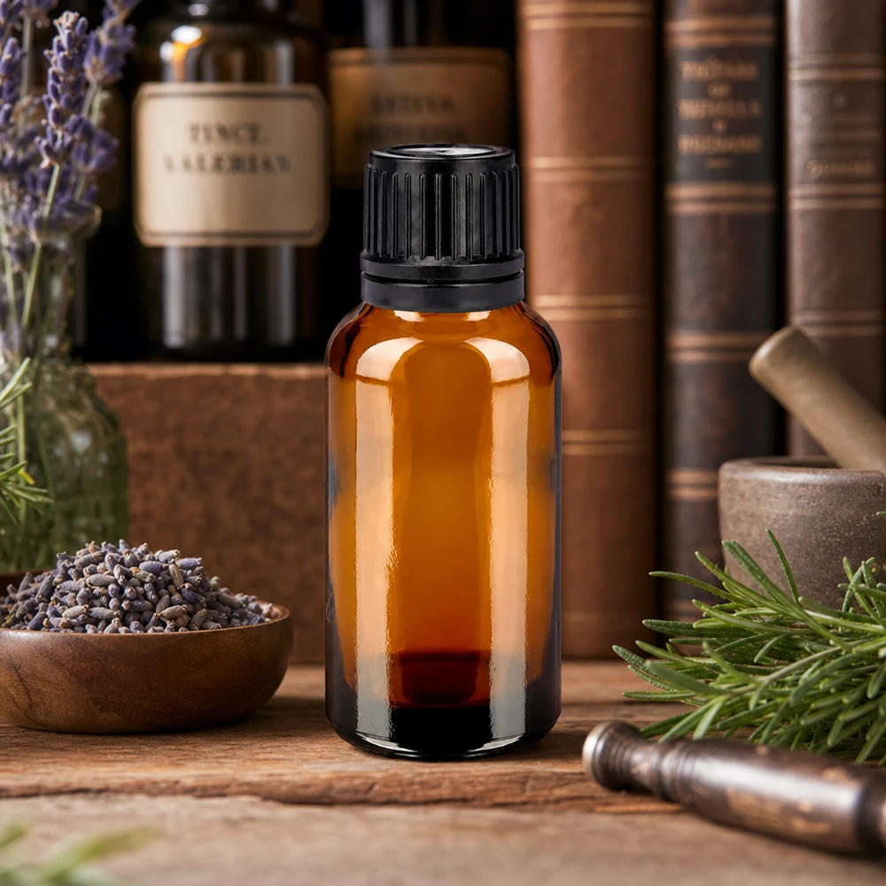 30ml fles 11mm SV zwart OV BrownLine UT18/30 Robuust 30ml flesje van UV-bestendig amberkleurig glas met stevige zwarte schroefdop