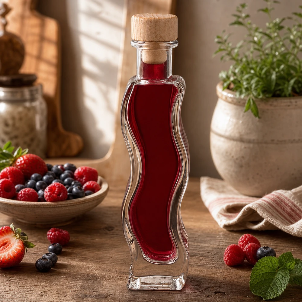 100 ml glazen fles Melissa met houten handgreepkurk UNiTWIST® 100ml glazen fles Melissa gevuld met bessensap omringd door verse aardbeien frambozen bosbessen houten kurk