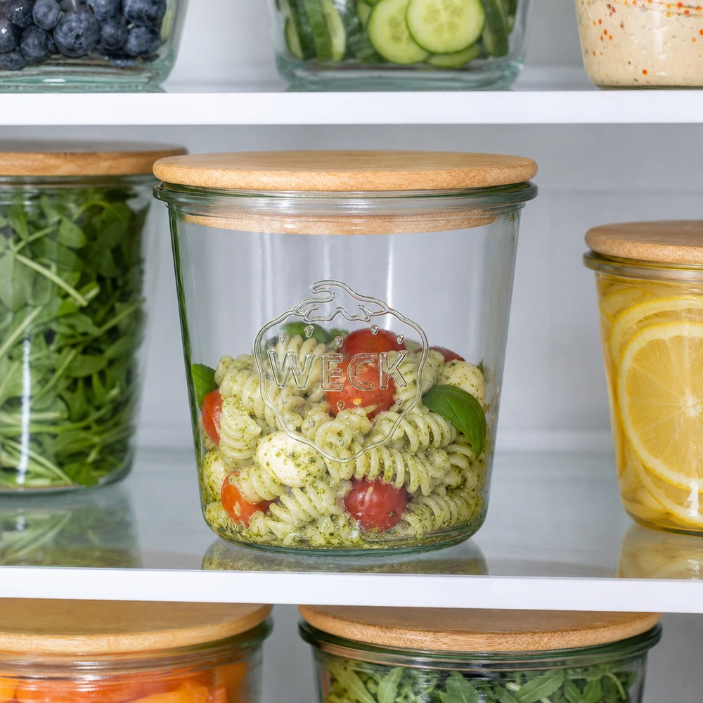 580ml stortglas WECK RR100 met hout deksel WECK 580 ml mason jar met houten deksel gevuld met pastasalade in de koelkast voor het bewaren van vers voedsel