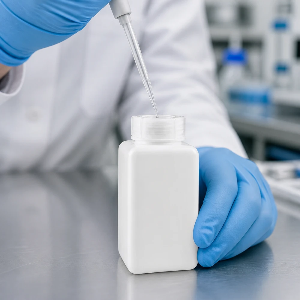 Stevige fles met brede hals van PE-HD, 1500 ml, voor chemicaliën, oplosmiddelen, zuren en logen