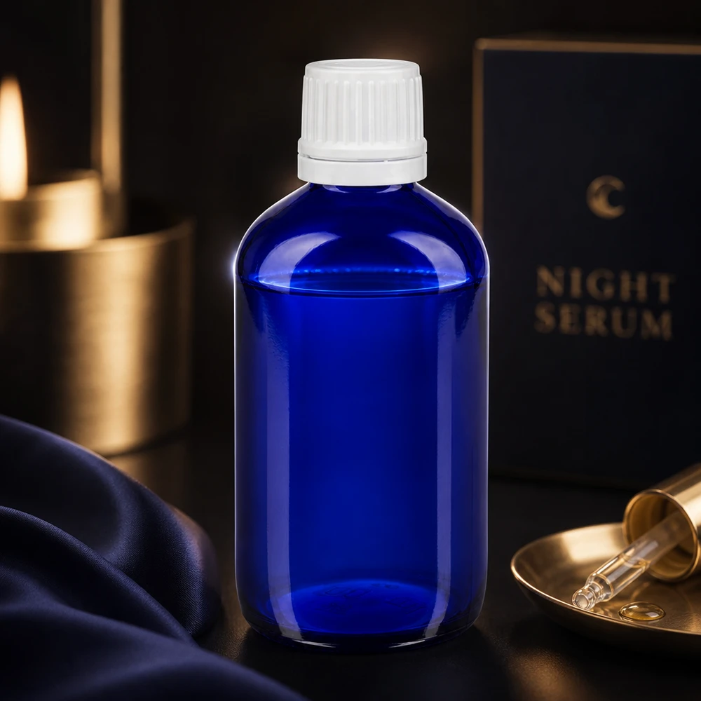 Kleine blauwe glazen lichtbeschermingsflesje van 20 ml met nauwkeurig 1,2 mm-druppelinzetstuk (standaard)