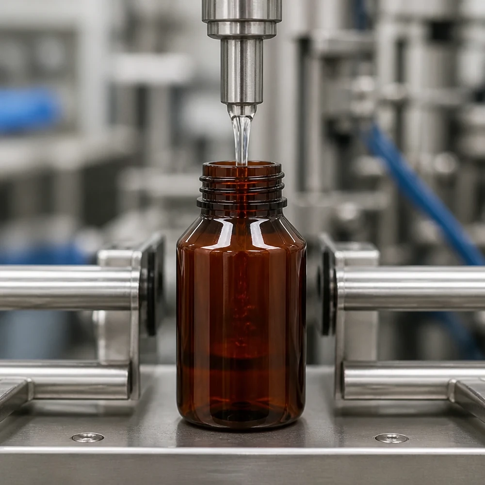 UV-bestendige bruine PET-fles van 50 ml in het geautomatiseerde afvulproces van de productie
