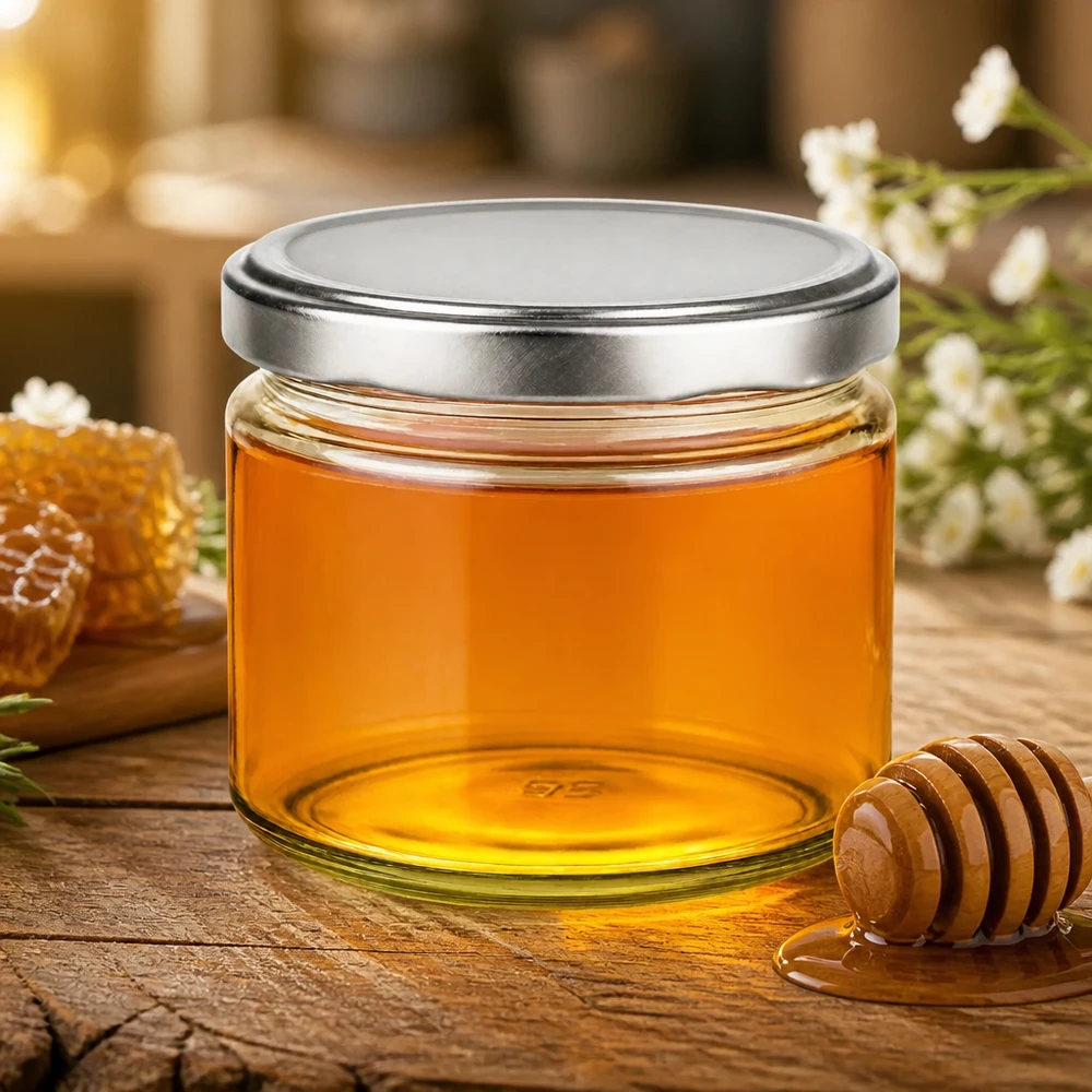 330ml ronde pot met zilveren BasicSeal deksel gevuld met honing Honingpot met honinglepel rustieke sfeer