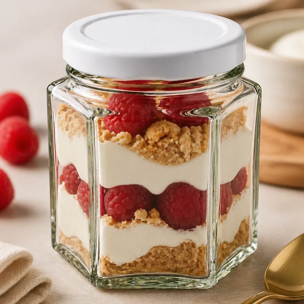 47 ml hexaglas met wit BasicSeal deksel als dessertglas gevuld met een gelaagd dessert van bessen en room