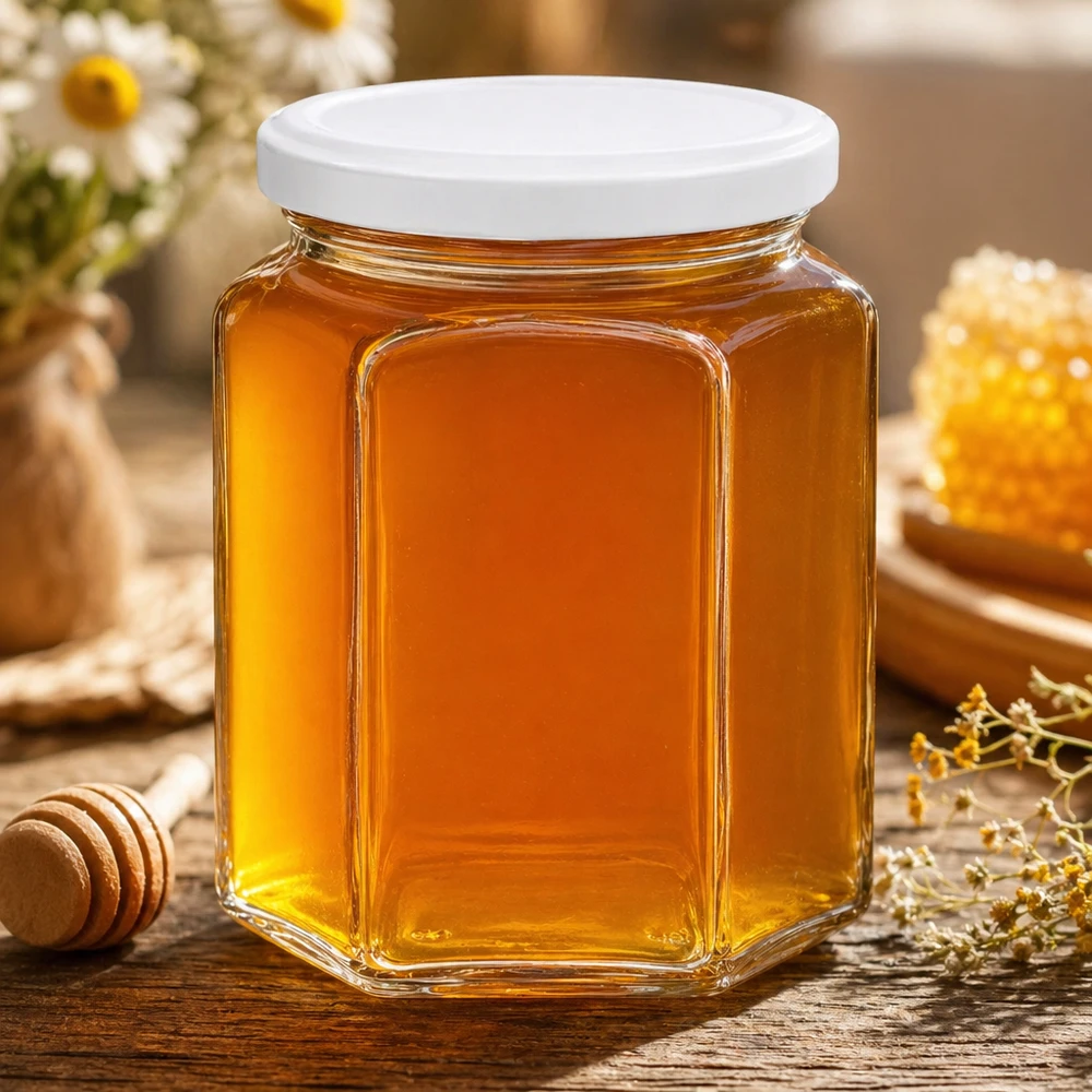 Honingpot van 400g zeshoekig gevuld met goudgele honing omringd door bijenwas en kamille op een houten tafel