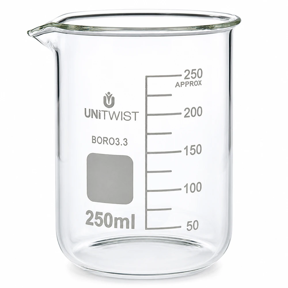 Borosilicaat laboratoriumglas 250 ml met schaalverdeling, laag model, ideaal voor scheikunde en onderzoek