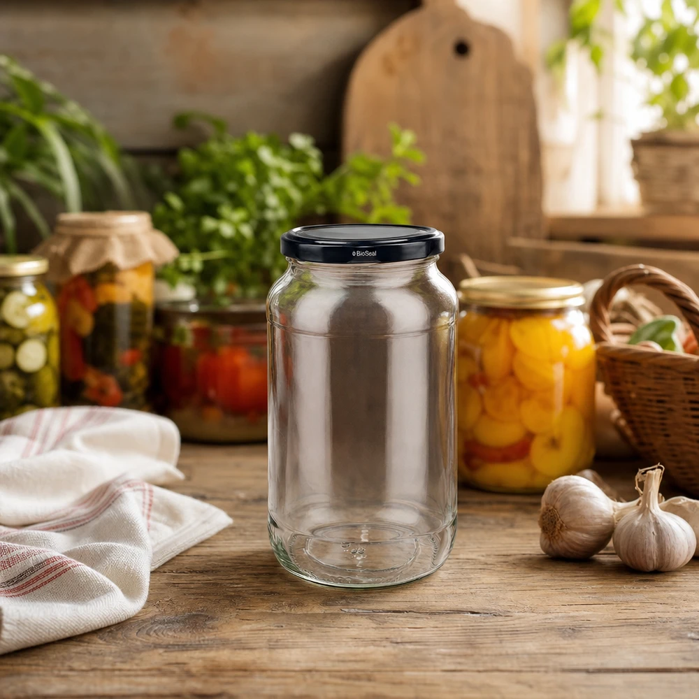 UNiTWIST ronde pot 1062 met TO82 BioSeal deksel in een rustieke keuken met inmaakpotten en kruiden