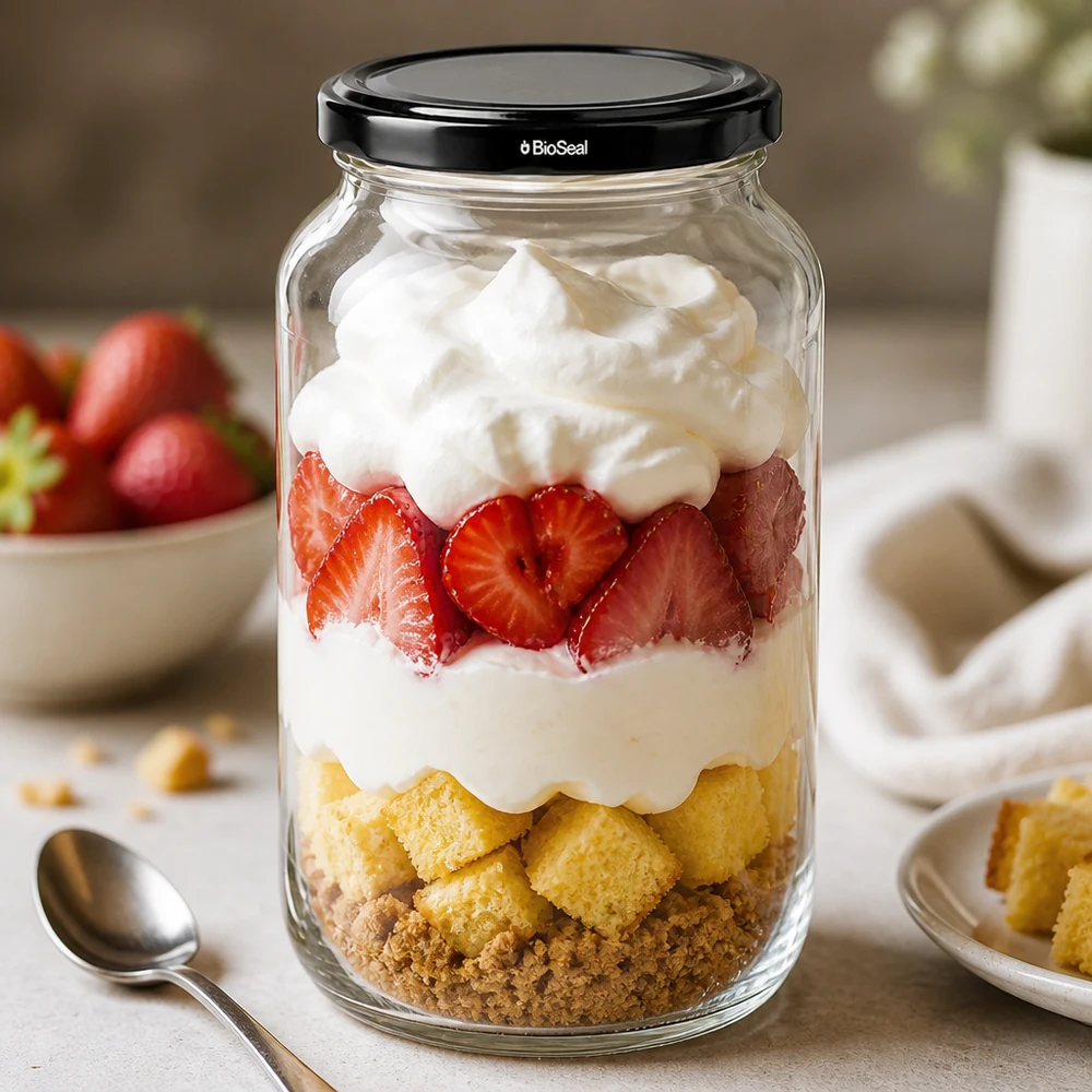 1062ml rond glas met BioSeal deksel zwart UNiTWIST UNiTWIST Rundglas 1062 mit schwarzem TO82 BioSeal Deckel als Dessertglas mit Erdbeeren und Sahne Schichtdessert