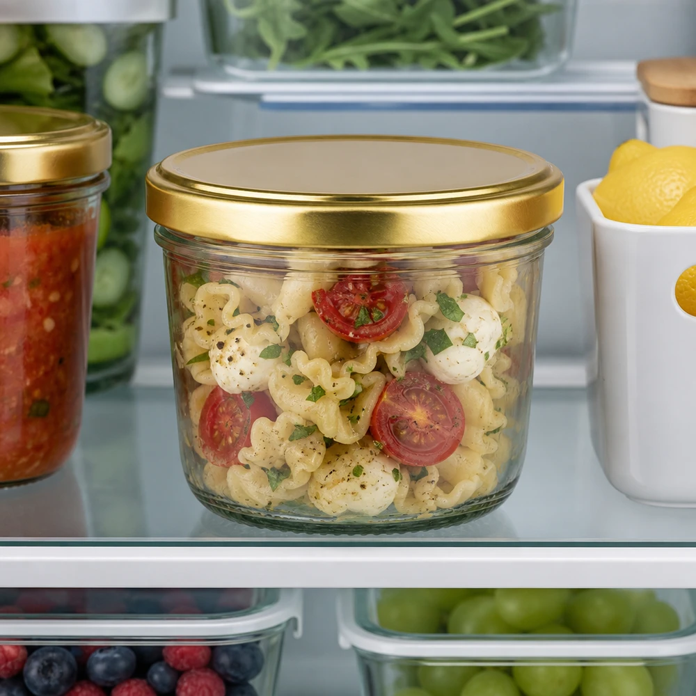 230ml bekers met BasicSeal deksel goud UNiTWIST 230 ml BasicSeal gouden bekers in de koelkast gevuld met pastasalade naast andere bewaarbakjes