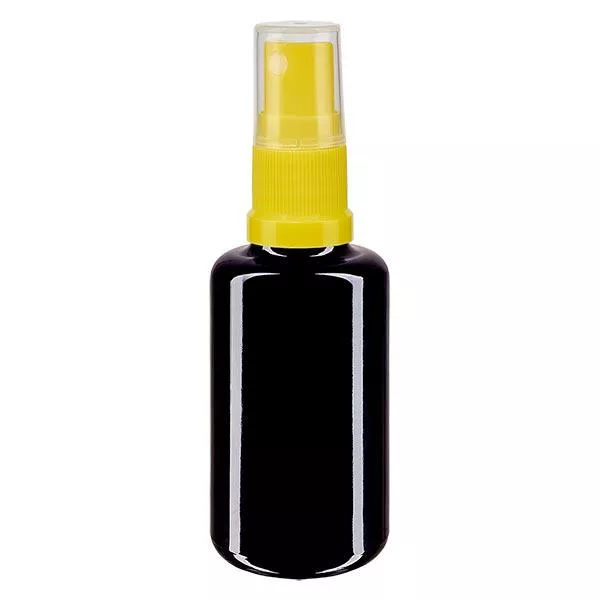 Fles van violet glas 30 ml met pompverstuiver geel Fles van violet glas 30 ml met pompverstuiver geel