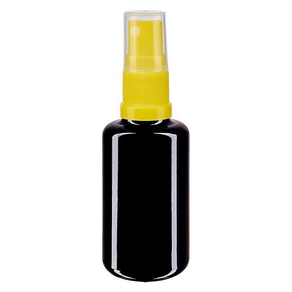 Fles van violet glas 30 ml met pompverstuiver geel Fles van violet glas 30 ml met pompverstuiver geel